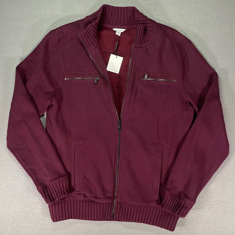 Calvin Klein Bomber Jacket Womens Medium Burgundy Full Zip Rib Knit NWT